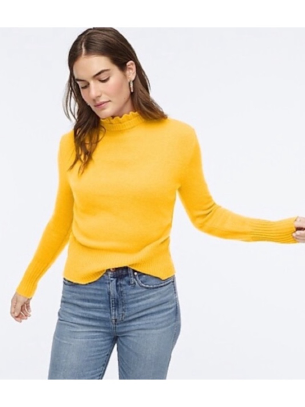 J. Crew Lambs Wool Blend Yellow Ruffle Neck Sweater